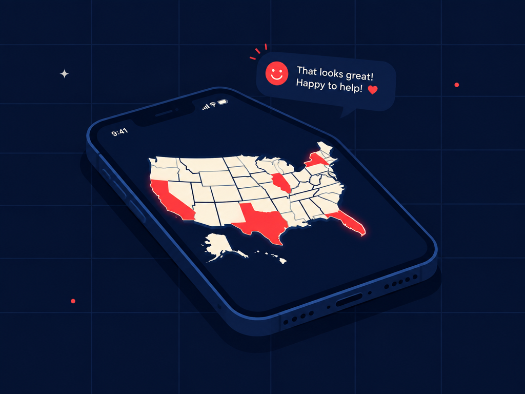 Illustration of a phone showing the cream US map with states glowing red and a friendly support reply